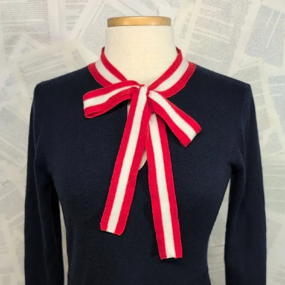 J Crew Naval Style Navy Dress with Red and White Bow Accent Size Small